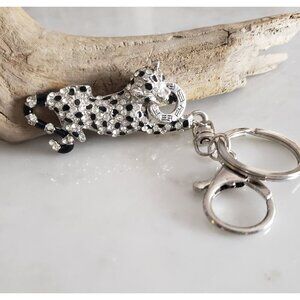 Vintage EFFY Rhinestone & Enamel Panther Silver Tone Key Chain/Purse Clip